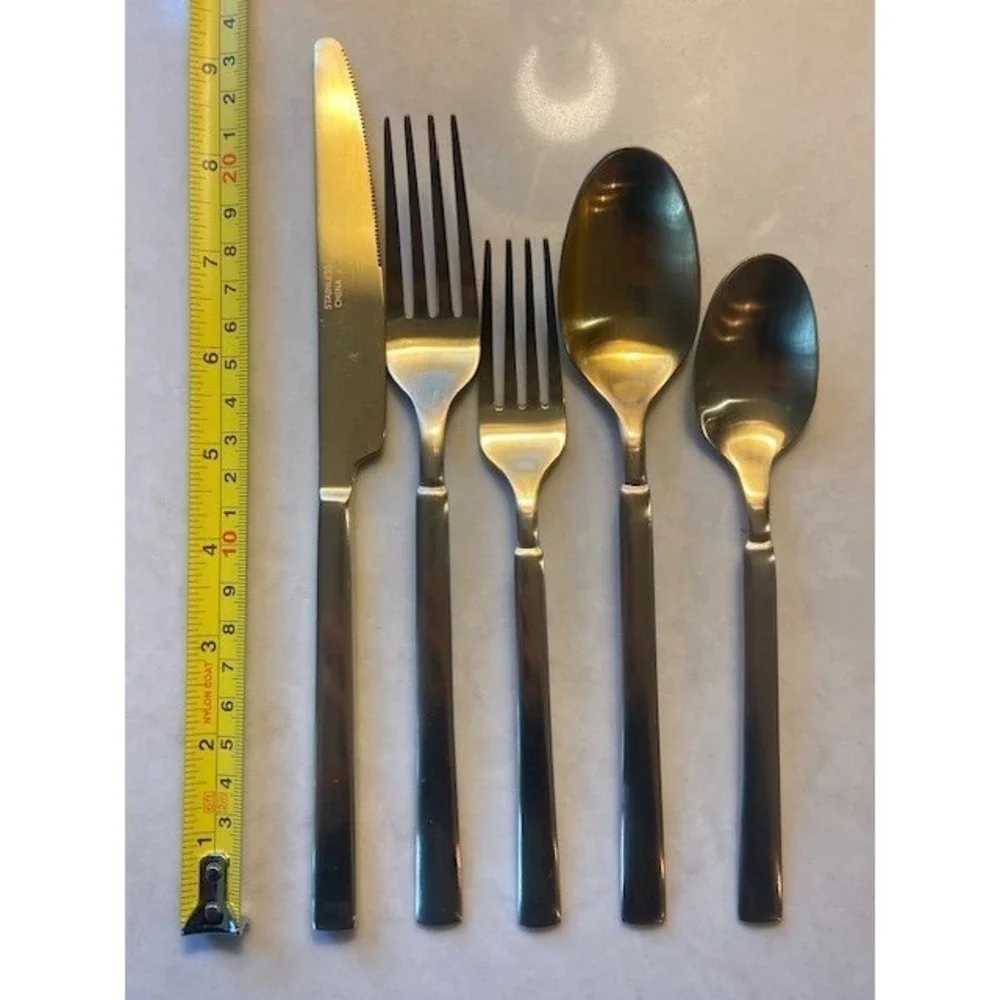 Gold Stainless Steel Flatware Set 39 Piece Modern Square Handle Satin Finish